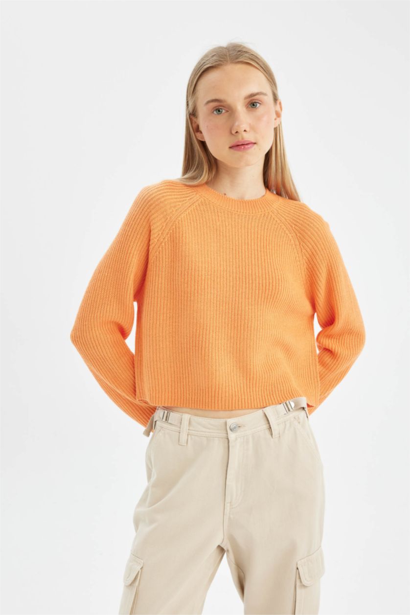 Kadın Turuncu Regular Fit Bisiklet Yaka Basic Düz Triko Kazak