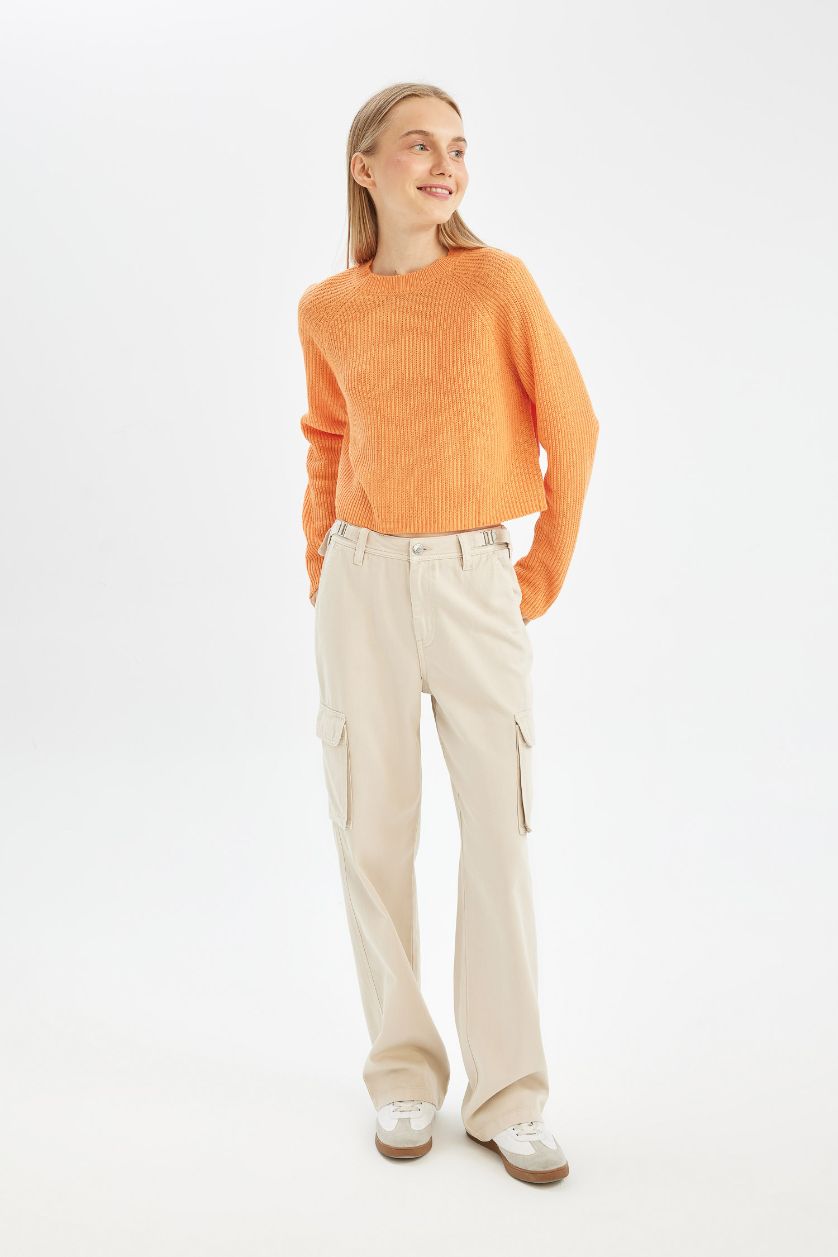 Kadın Turuncu Regular Fit Bisiklet Yaka Basic Düz Triko Kazak