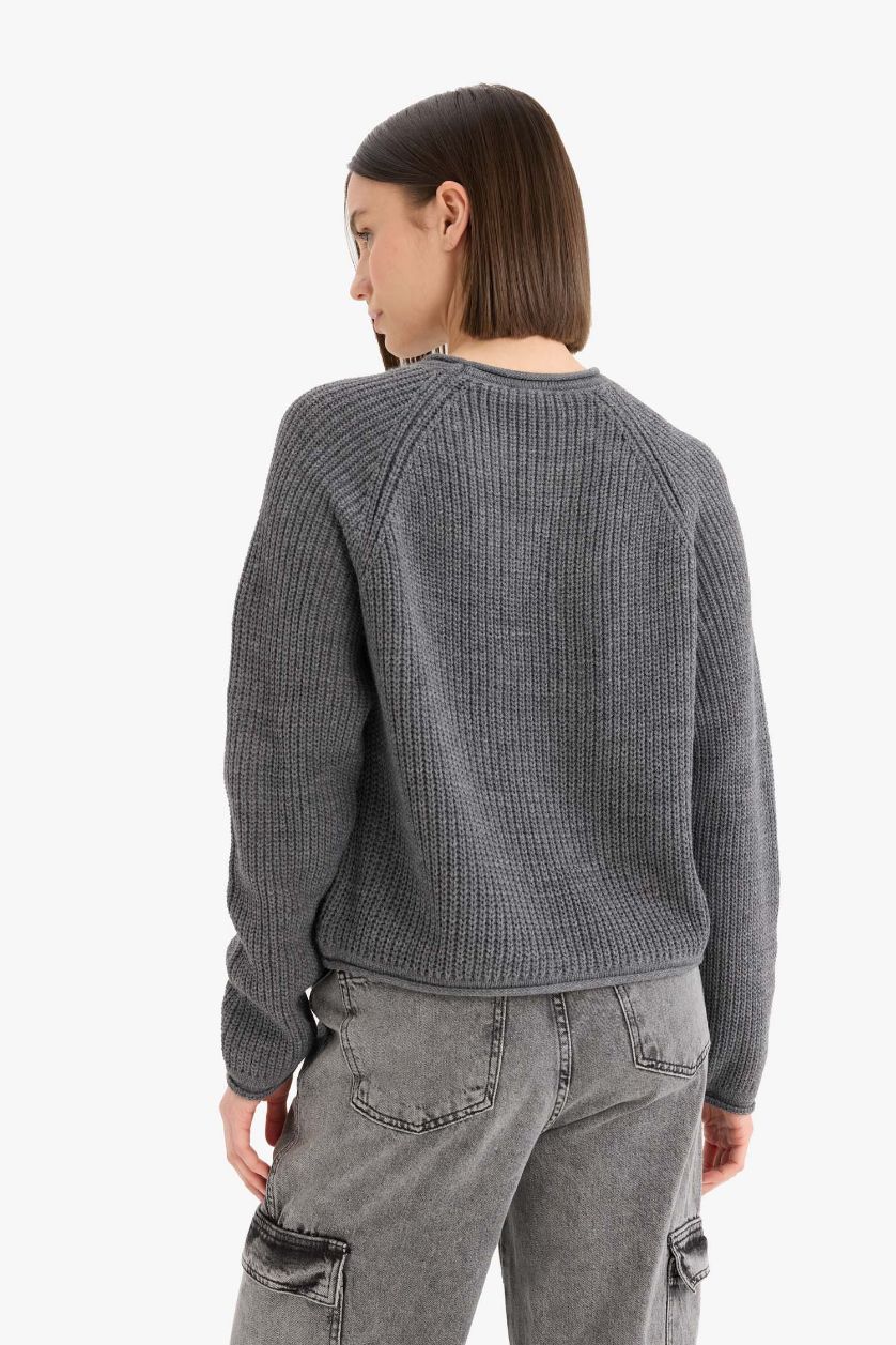 Kadın Antrasit Melanj Regular Fit Bisiklet Yaka Triko Kazak