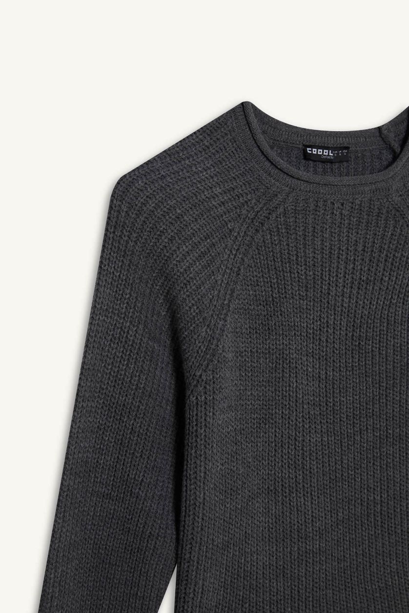 Kadın Antrasit Melanj Regular Fit Bisiklet Yaka Triko Kazak