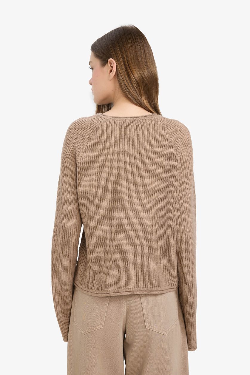 Kadın Bej Regular Fit Bisiklet Yaka Triko Kazak