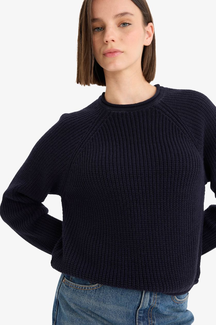 Kadın Lacivert Regular Fit Bisiklet Yaka Triko Kazak