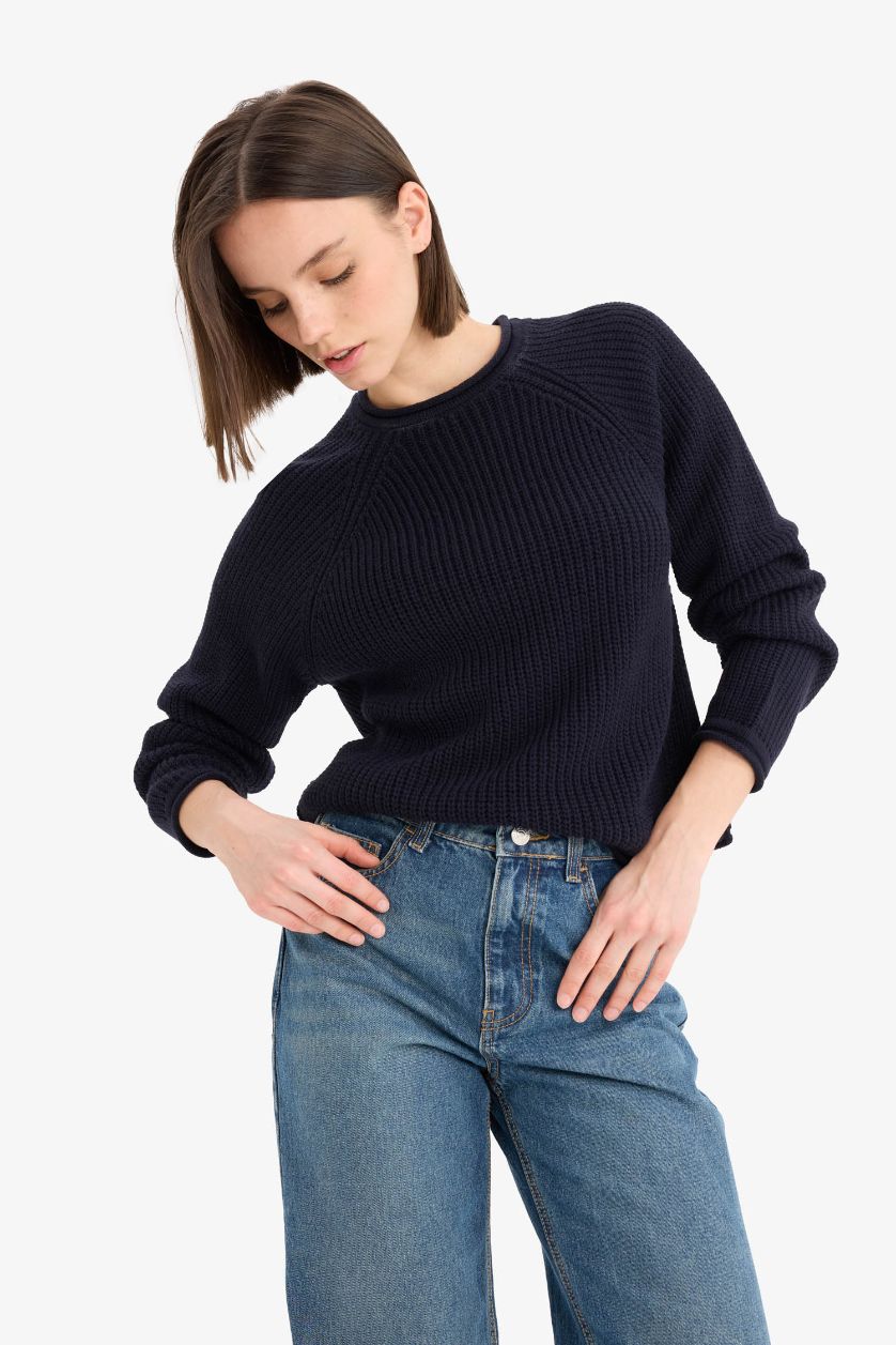 Kadın Lacivert Regular Fit Bisiklet Yaka Triko Kazak