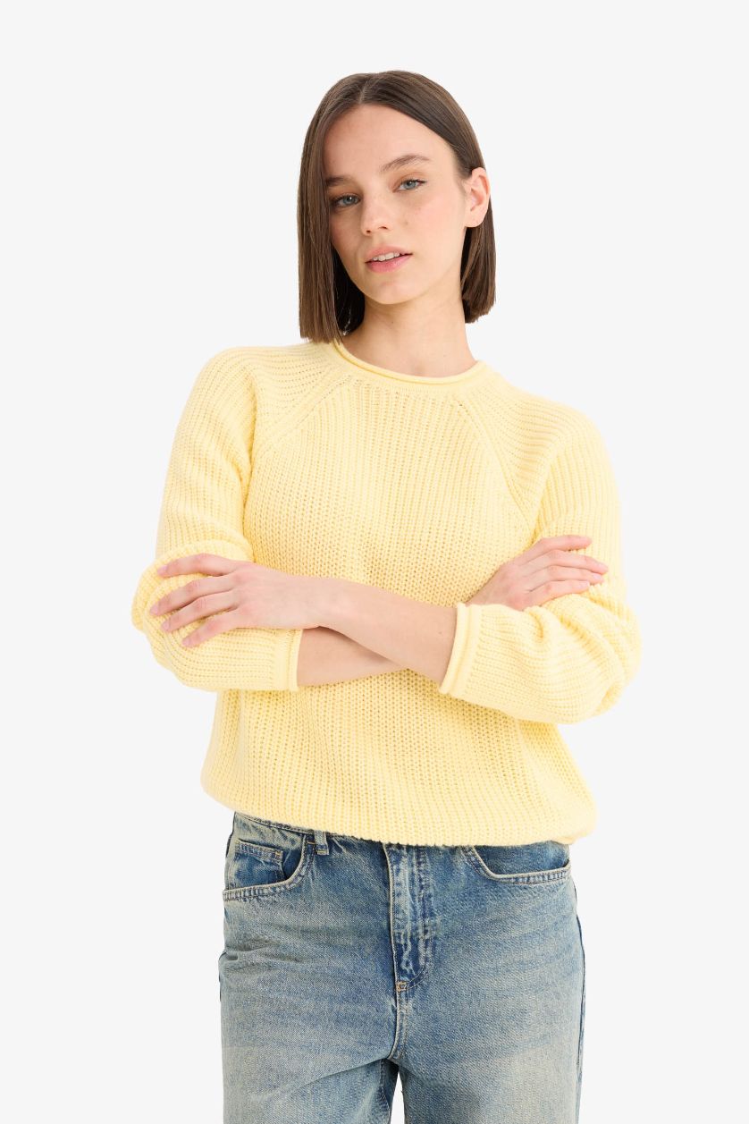 FEMME Jaune Pull en tricot à col rond Coupe régulière pour femme
