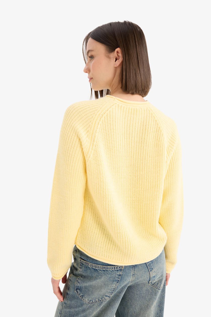 FEMME Jaune Pull en tricot à col rond Coupe régulière pour femme