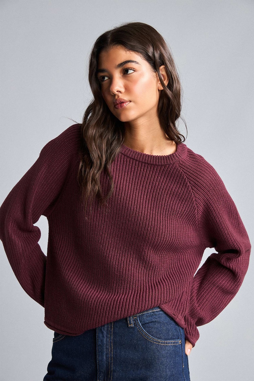 WOMAN Bordeaux Regular Fit Crew Neck Basic Plain Knit Pullover