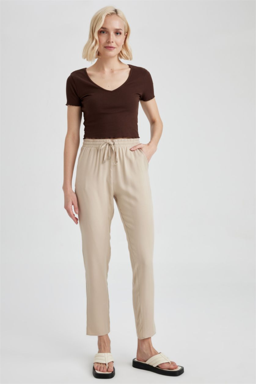 WOMAN Beige Pocket Elastic Waist Woven Trousers