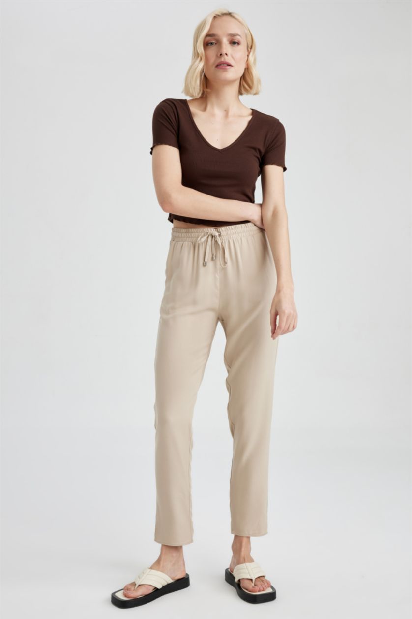 WOMAN Beige Pocket Elastic Waist Woven Trousers