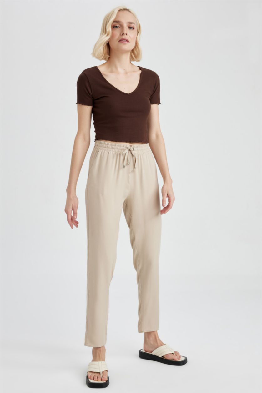 WOMAN Beige Pocket Elastic Waist Woven Trousers