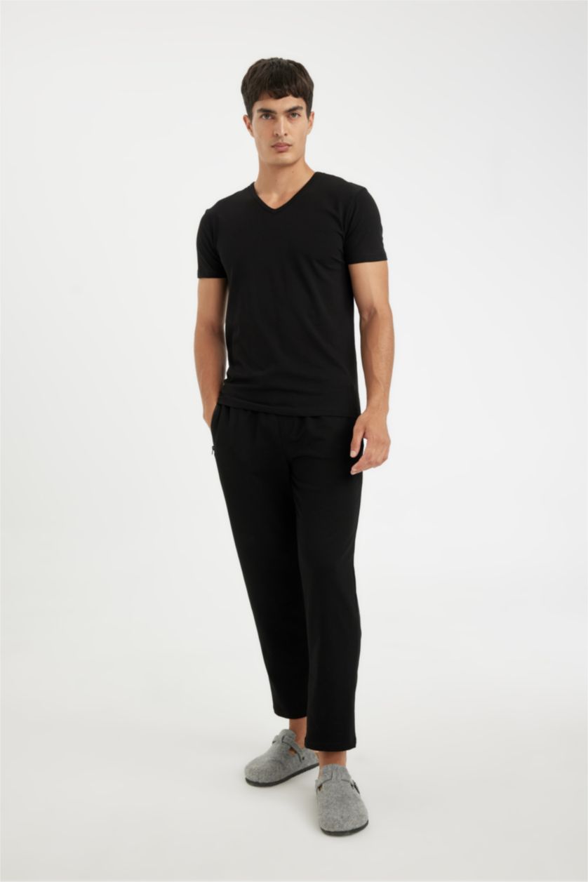 Erkek Siyah Slim Fit V Yaka Kısa Kollu Pijama Üstü