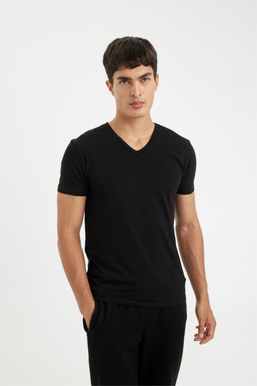 Erkek Siyah Slim Fit V Yaka Kısa Kollu Pijama Üstü