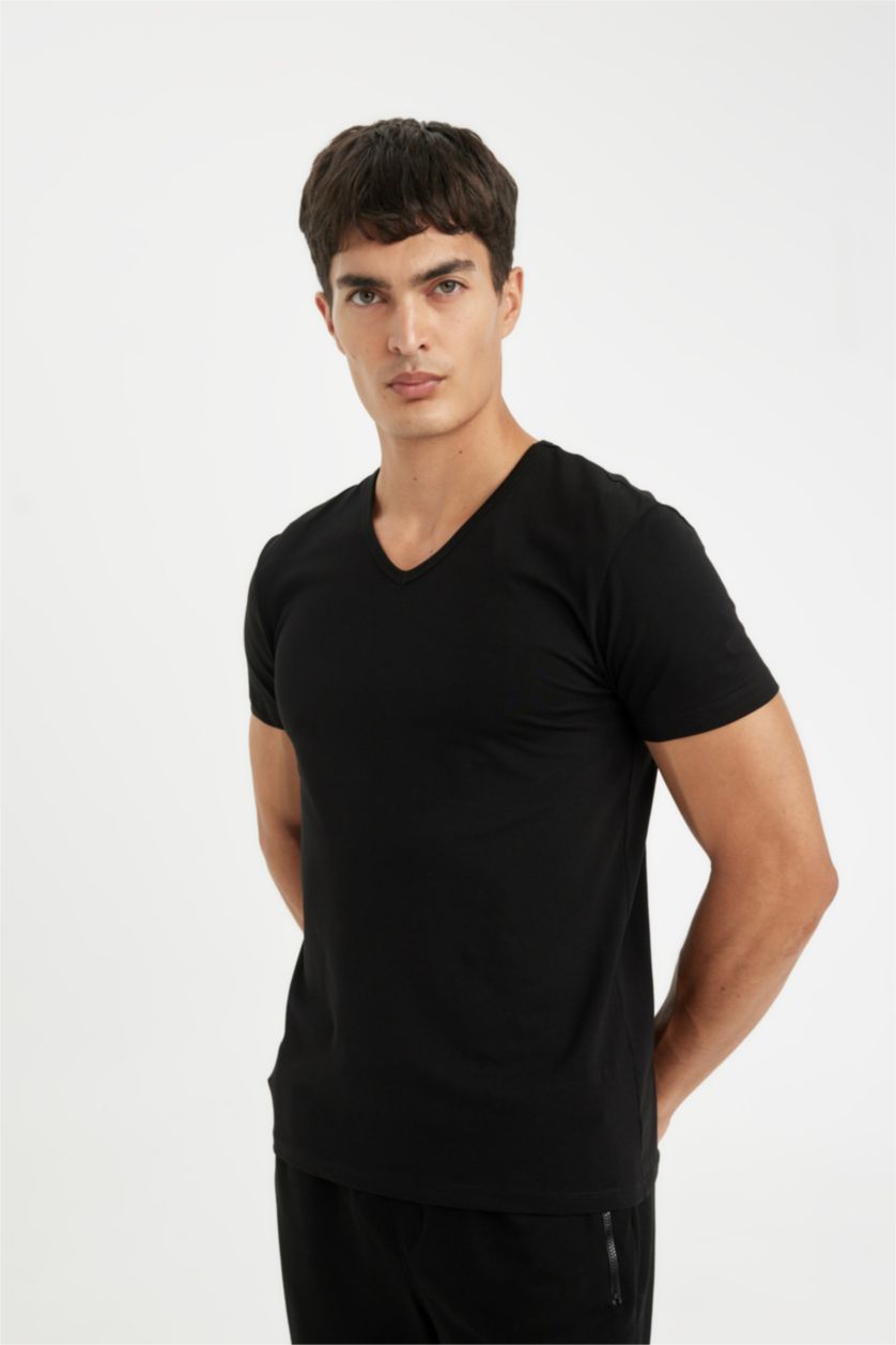 Erkek Siyah Slim Fit V Yaka Kısa Kollu Pijama Üstü