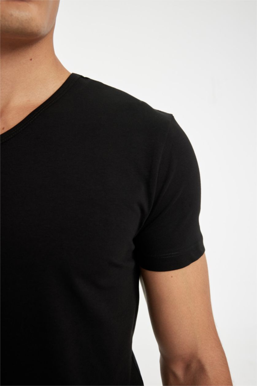 Erkek Siyah Slim Fit V Yaka Kısa Kollu Pijama Üstü