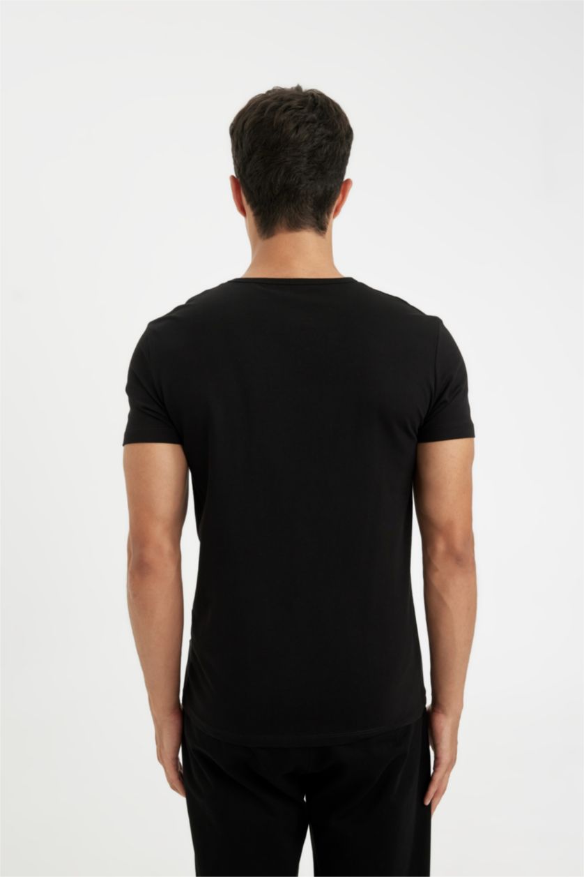 Erkek Siyah Slim Fit V Yaka Kısa Kollu Pijama Üstü