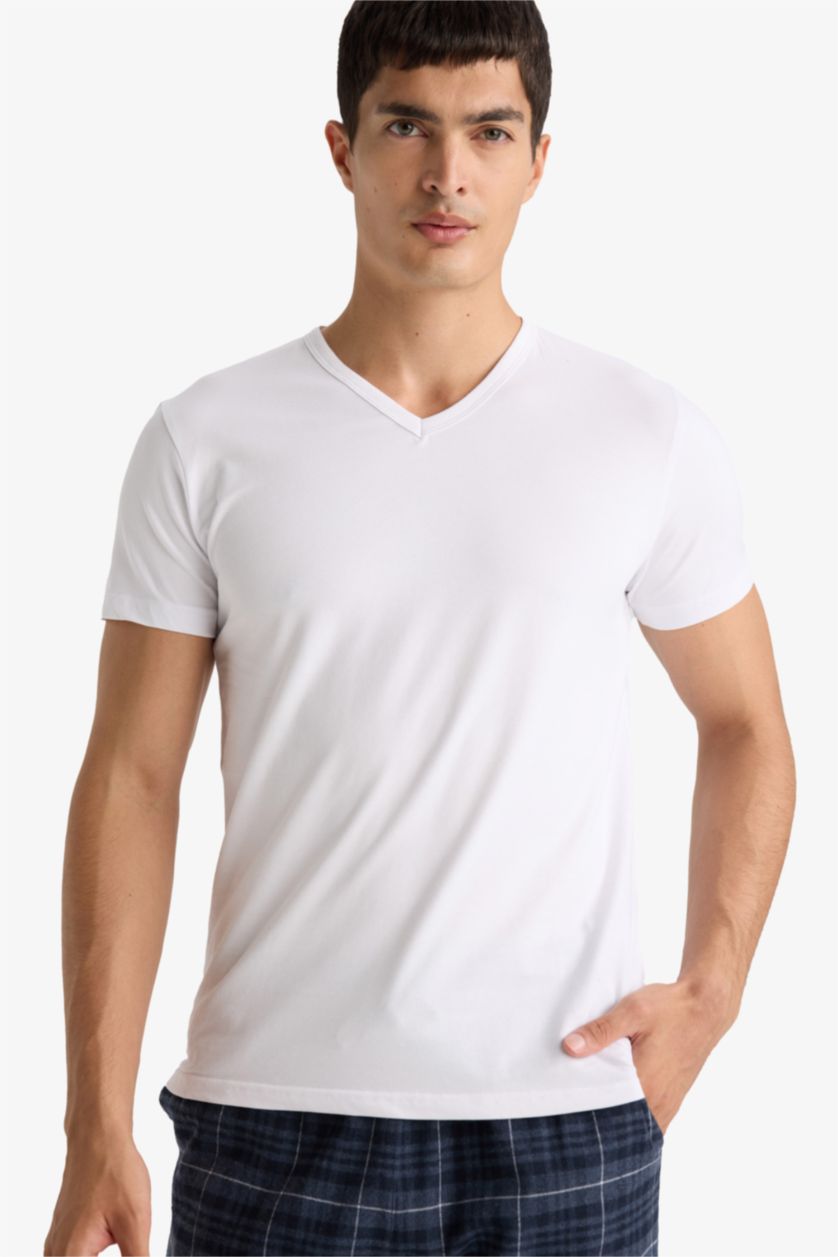 رجالي أبيض بلوزة سليم فيت بياقة V