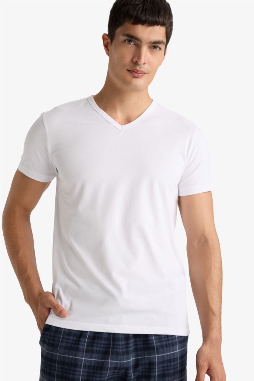 رجالي أبيض بلوزة سليم فيت بياقة V
