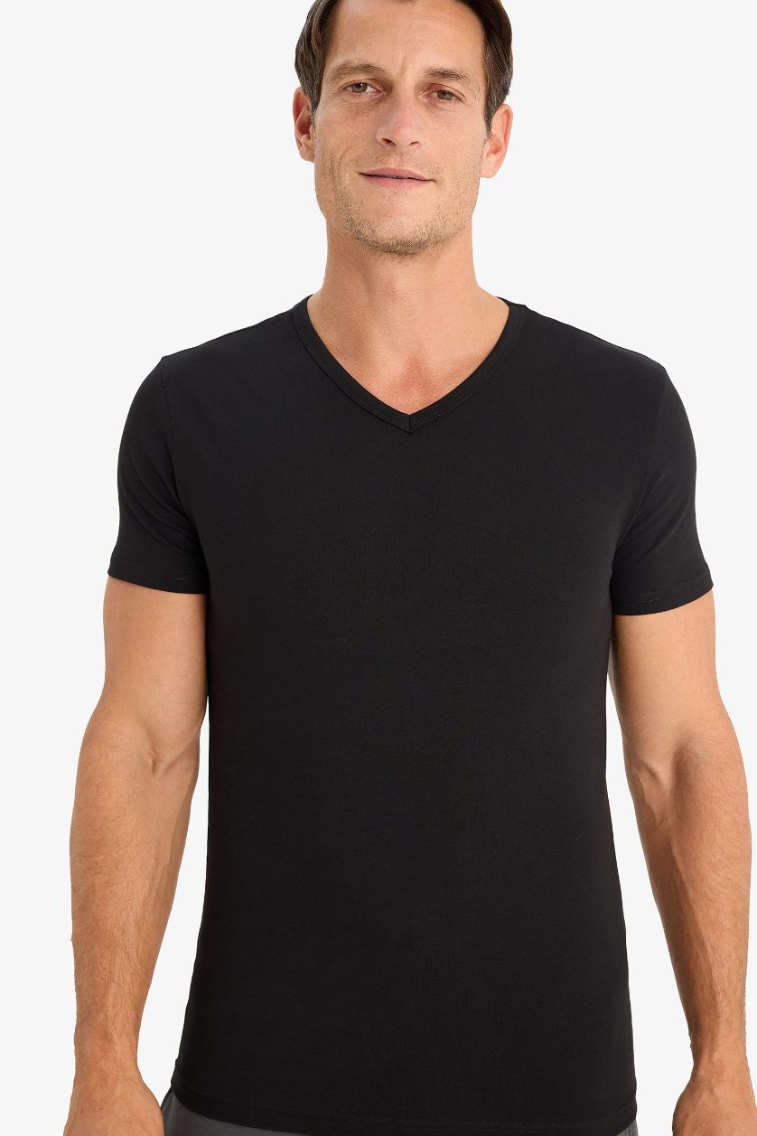 Erkek Siyah Slim Fit Dar Kesim V Yaka Basic Düz Üst