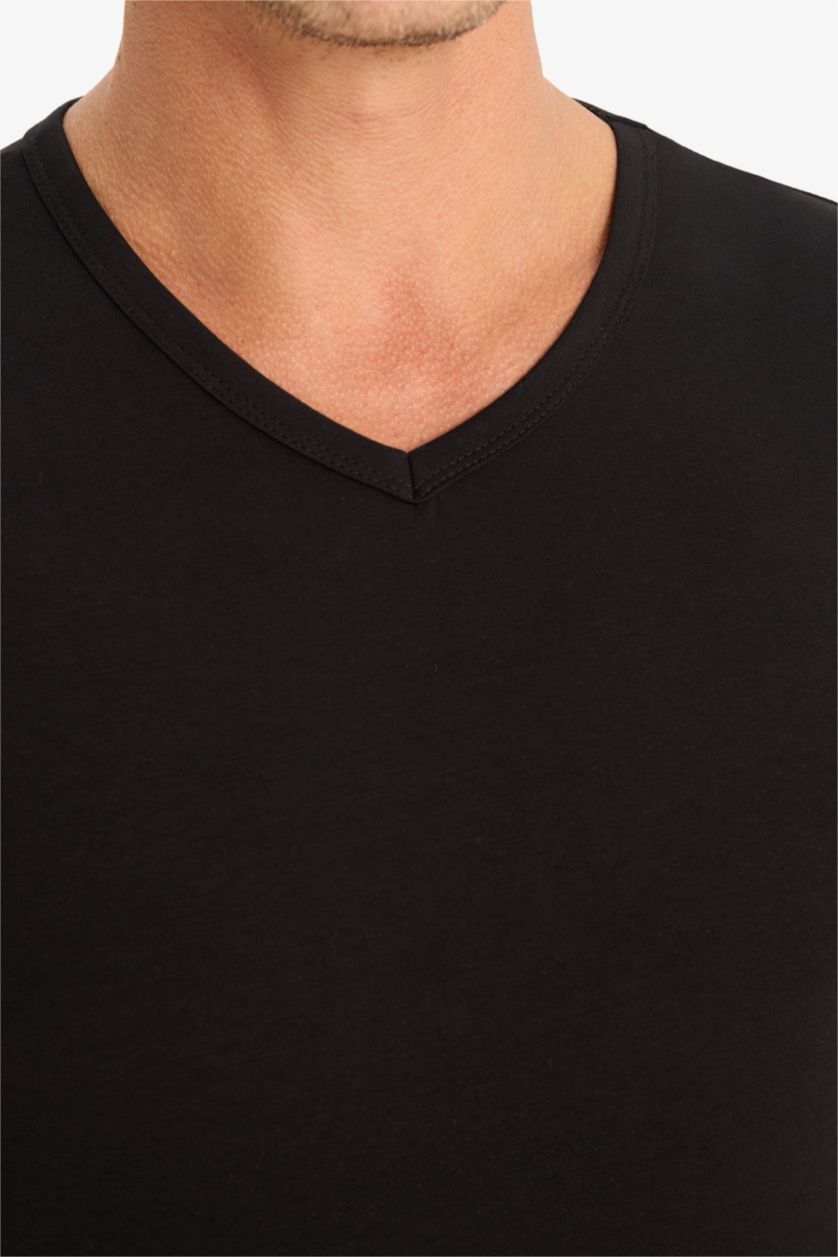 Erkek Siyah Slim Fit Dar Kesim V Yaka Basic Düz Üst