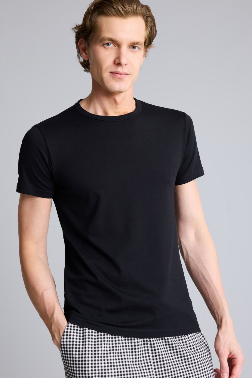 رجال أسود بلوزة سليم فيت بياقة مستديرة