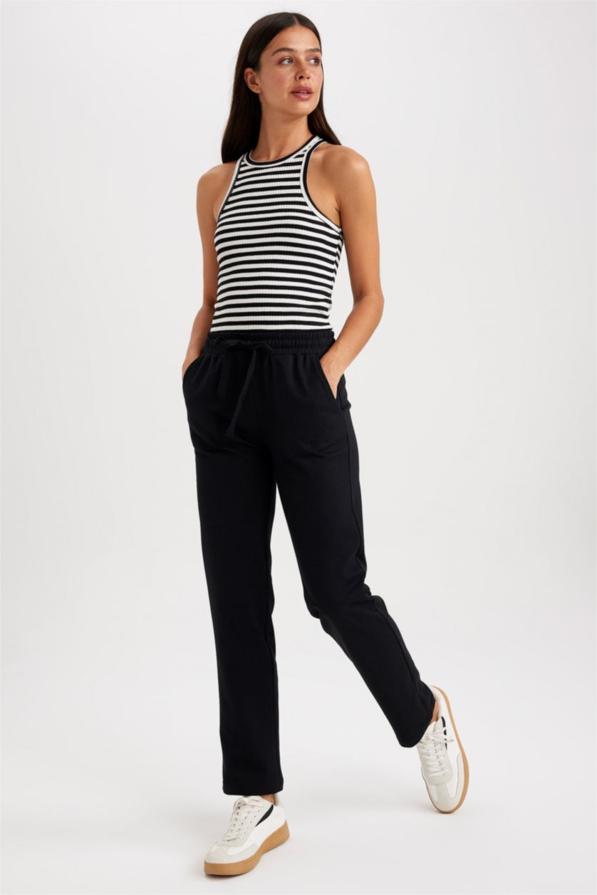 Kadın Siyah Regular Fit Cepli Beli Bağcıklı Lastilkli Eşofman Altı