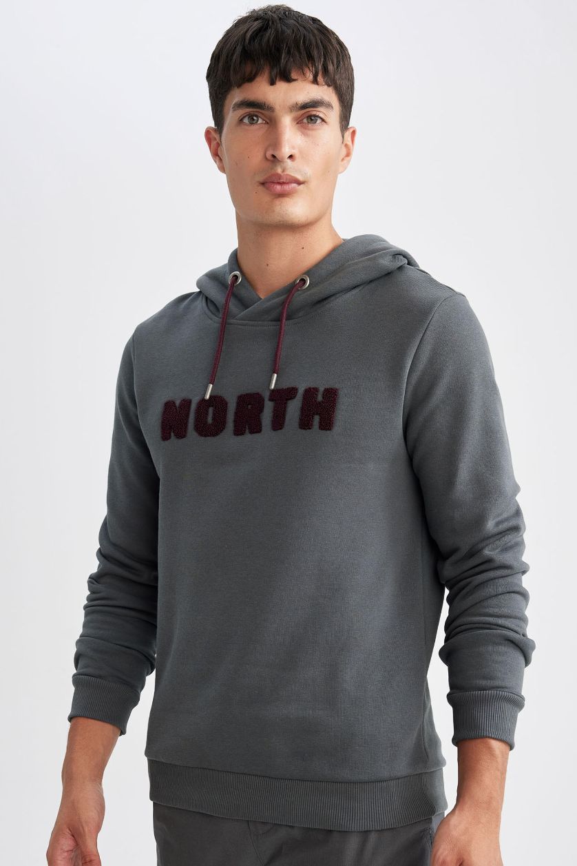 Erkek Koyu Yeşil Regular Fit Kapüşonlu Baskılı Kalın Sweatshirt