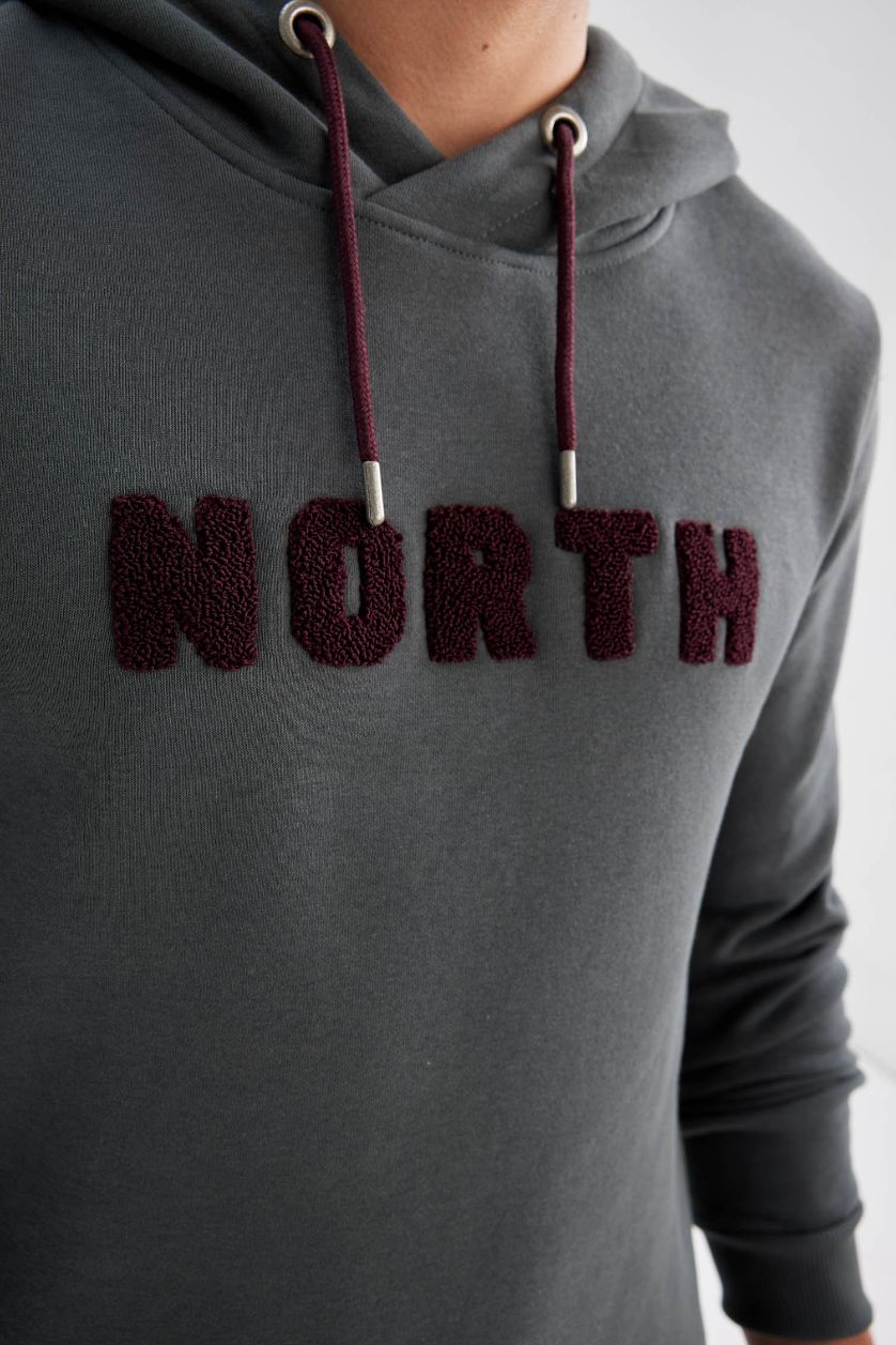 Erkek Koyu Yeşil Regular Fit Kapüşonlu Baskılı Kalın Sweatshirt