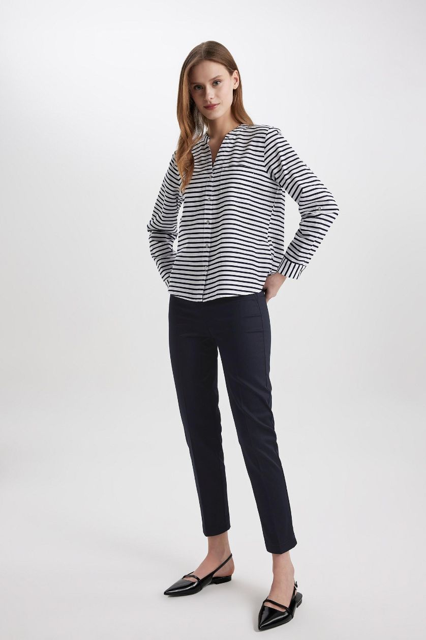 Kadın Lacivert Regular Fit Uzun Kollu Çizgili Gömlek