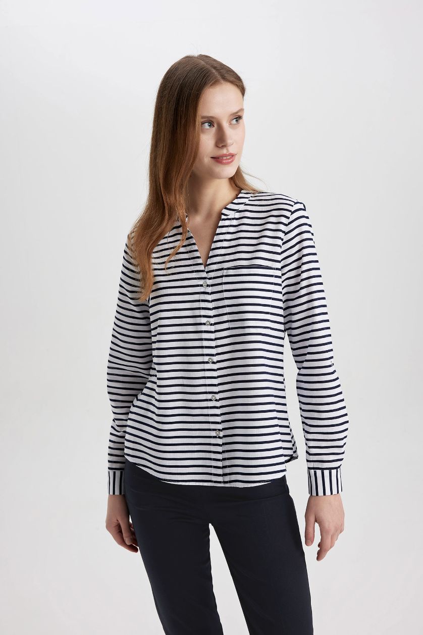 Kadın Lacivert Regular Fit Uzun Kollu Çizgili Gömlek