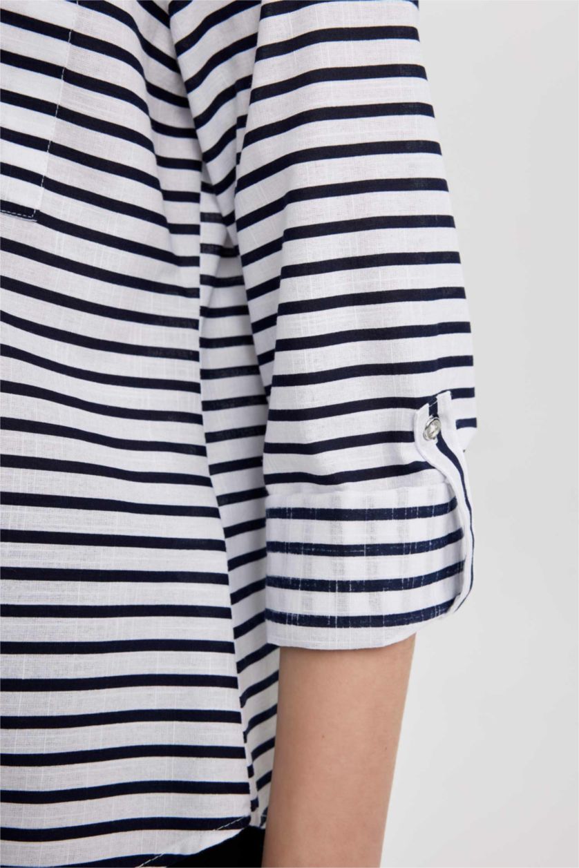 Kadın Lacivert Regular Fit Uzun Kollu Çizgili Gömlek