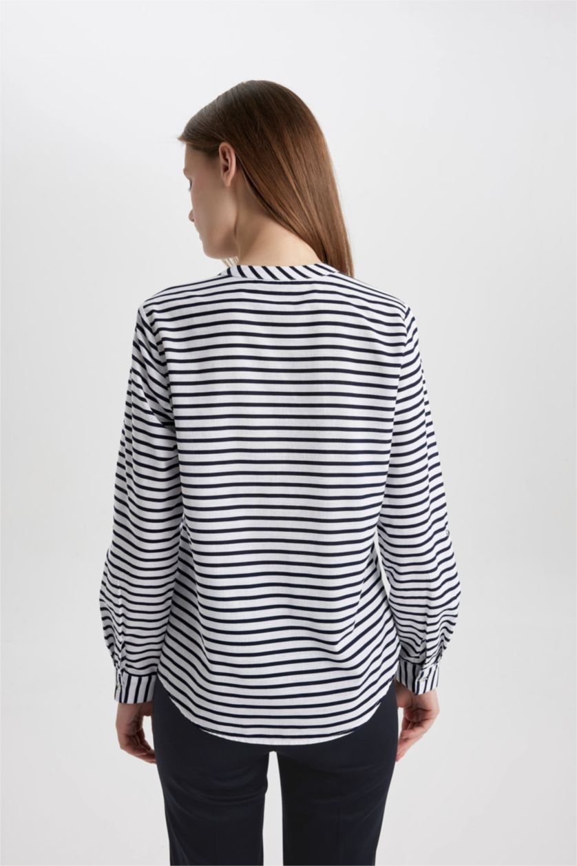 Kadın Lacivert Regular Fit Uzun Kollu Çizgili Gömlek