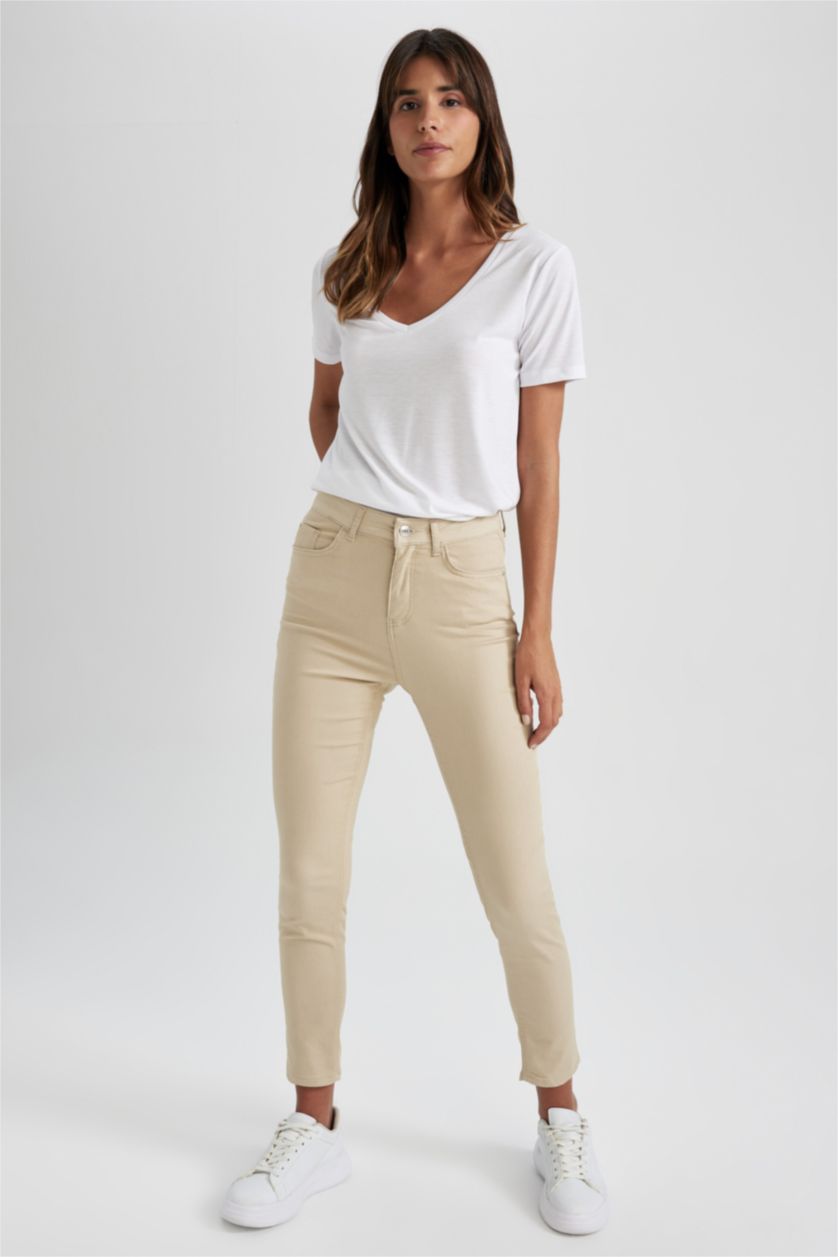 WOMAN Beige Rebeca Slim Fit High Waist Gabardine Trousers