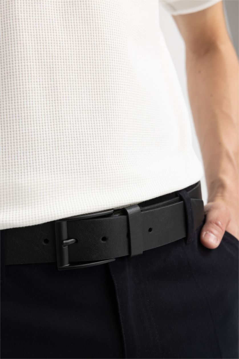 Men Black Man Faux Leather Denim Belt