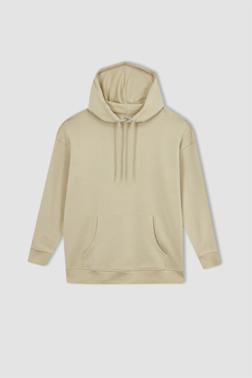 حريمي بيج فاتح سويت شيرت أوفر سايز  بأكمام طويلة بغطاء للرأس