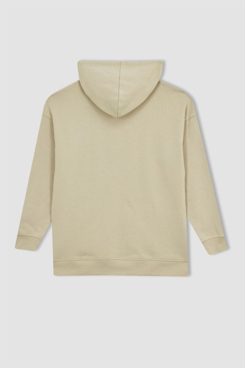 حريمي بيج فاتح سويت شيرت أوفر سايز  بأكمام طويلة بغطاء للرأس