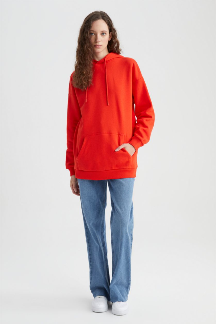 FEMME Rouge Sweat-shirt à capuche en tissu épais à manches longues avec poche kangourou coupe oversize