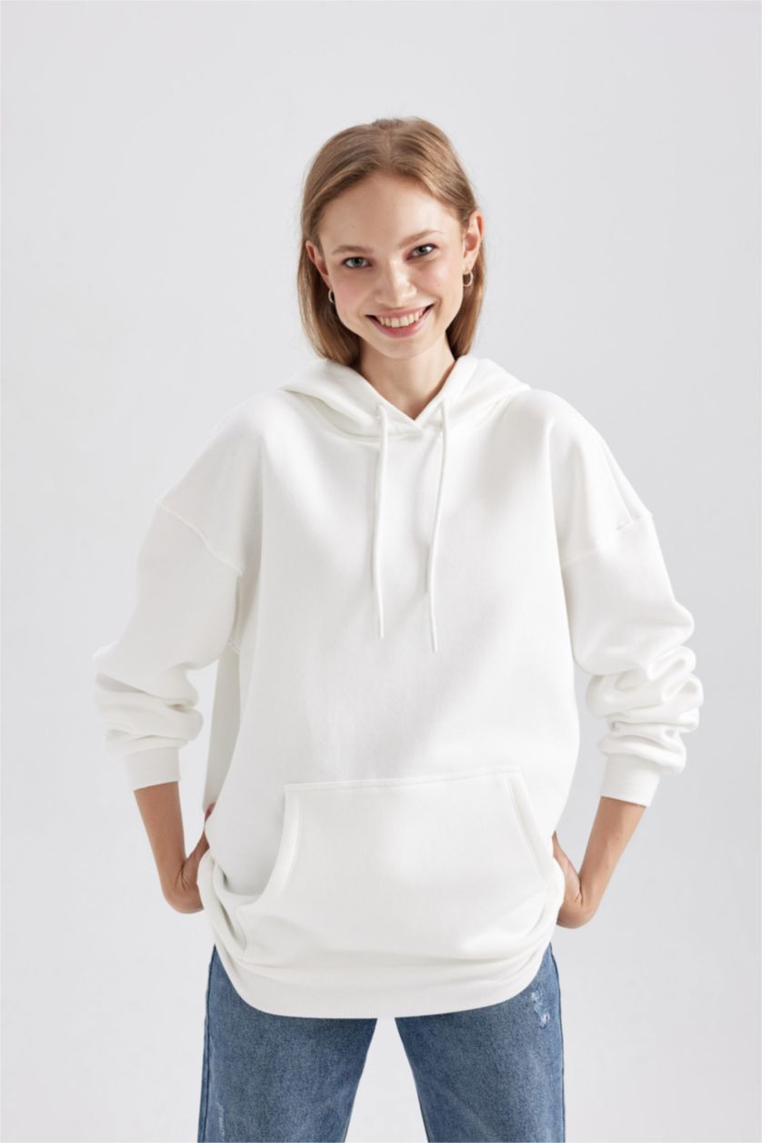FEMME Blanc Sweat- Shirt Coupe Oversize Imprimé Kangaroo Encapuchonné à Manches Longues