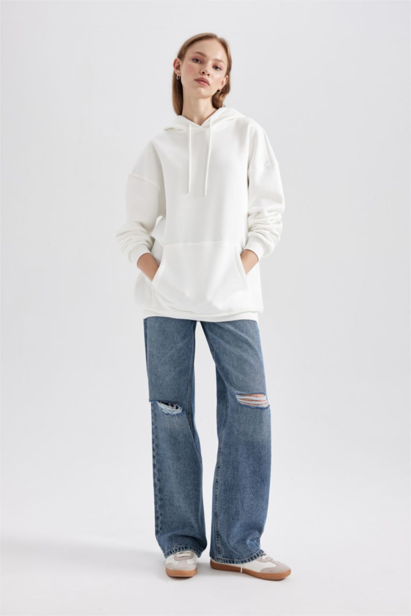 FEMME Blanc Sweat- Shirt Coupe Oversize Imprimé Kangaroo Encapuchonné à Manches Longues