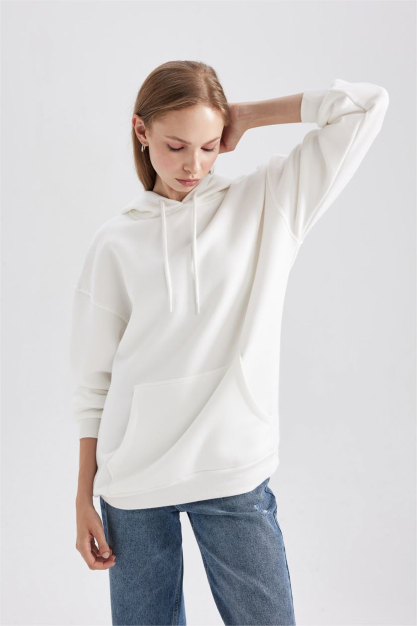 FEMME Blanc Sweat- Shirt Coupe Oversize Imprimé Kangaroo Encapuchonné à Manches Longues