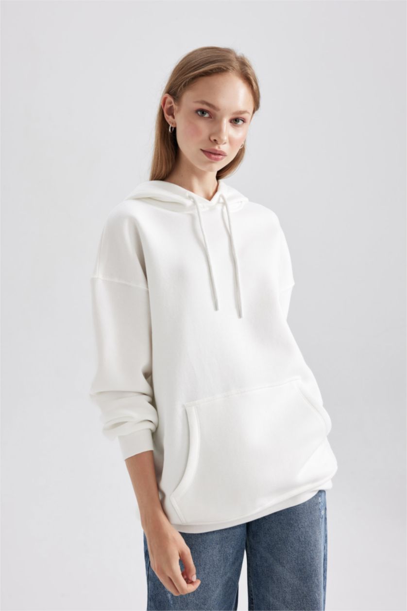 FEMME Blanc Sweat- Shirt Coupe Oversize Imprimé Kangaroo Encapuchonné à Manches Longues