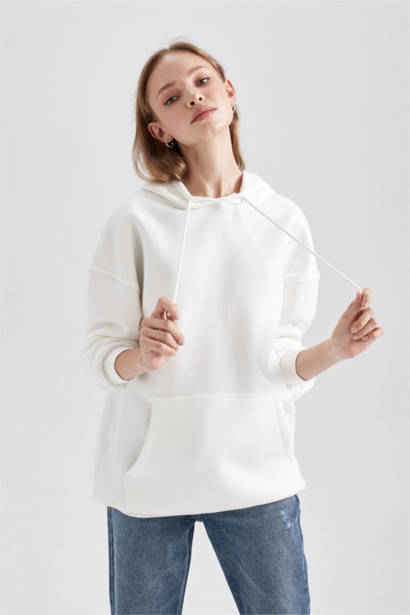 FEMME Blanc Sweat- Shirt Coupe Oversize Imprimé Kangaroo Encapuchonné à Manches Longues