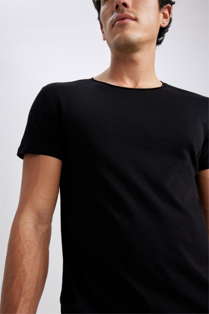 رجال أسود تي شيرت أساسي بقصة ضيقة بياقة مستديرة