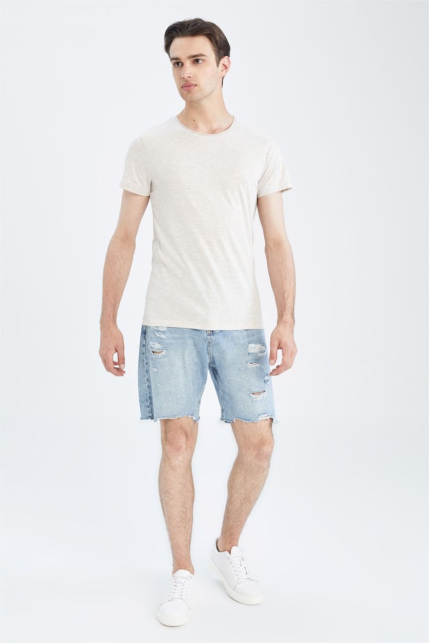 رجال ميلانج بيج تيشيرت نص كم سليم فيت بياقة دائرية