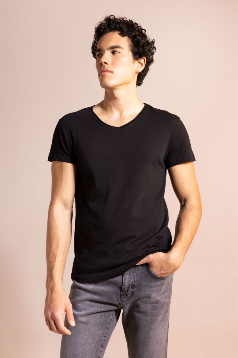 رجال أسود تيشيرت سادة قطن سليم فيت بياخة V