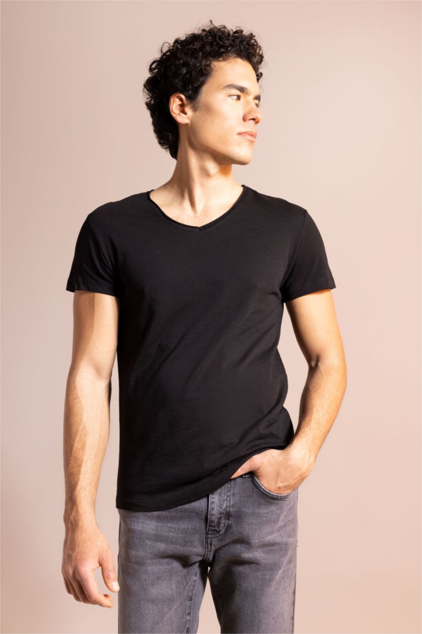رجال أسود تيشيرت سادة قطن سليم فيت بياخة V