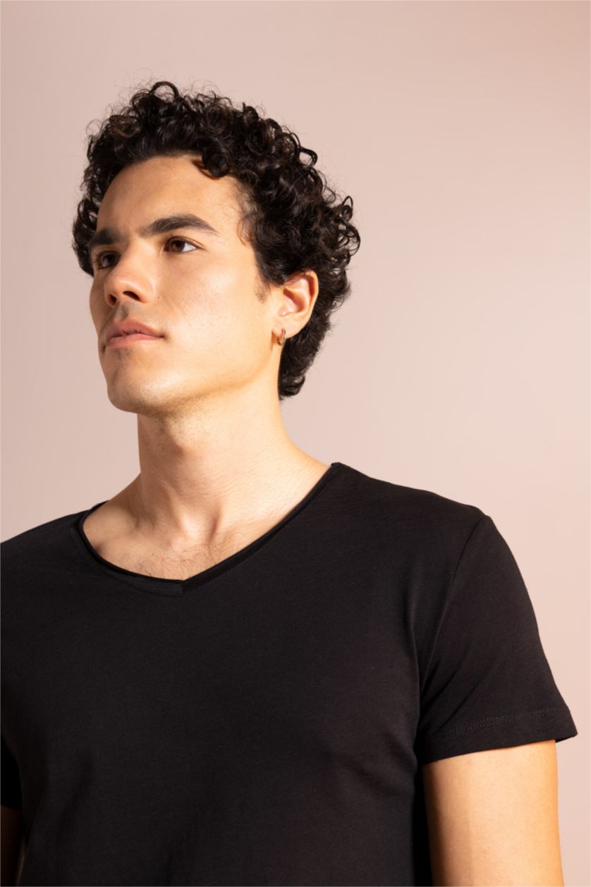 رجال أسود تيشيرت سادة قطن سليم فيت بياخة V