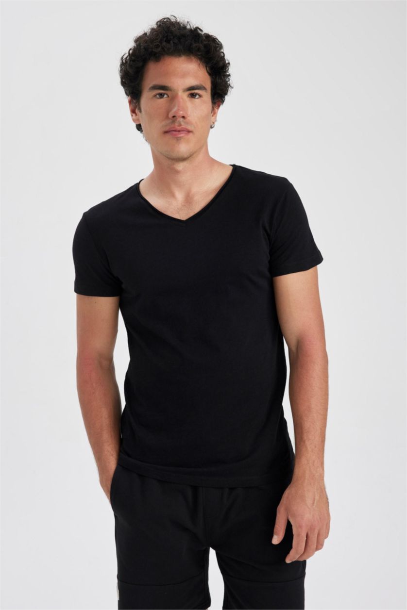 رجال أسود تيشيرت سادة قطن سليم فيت بياخة V