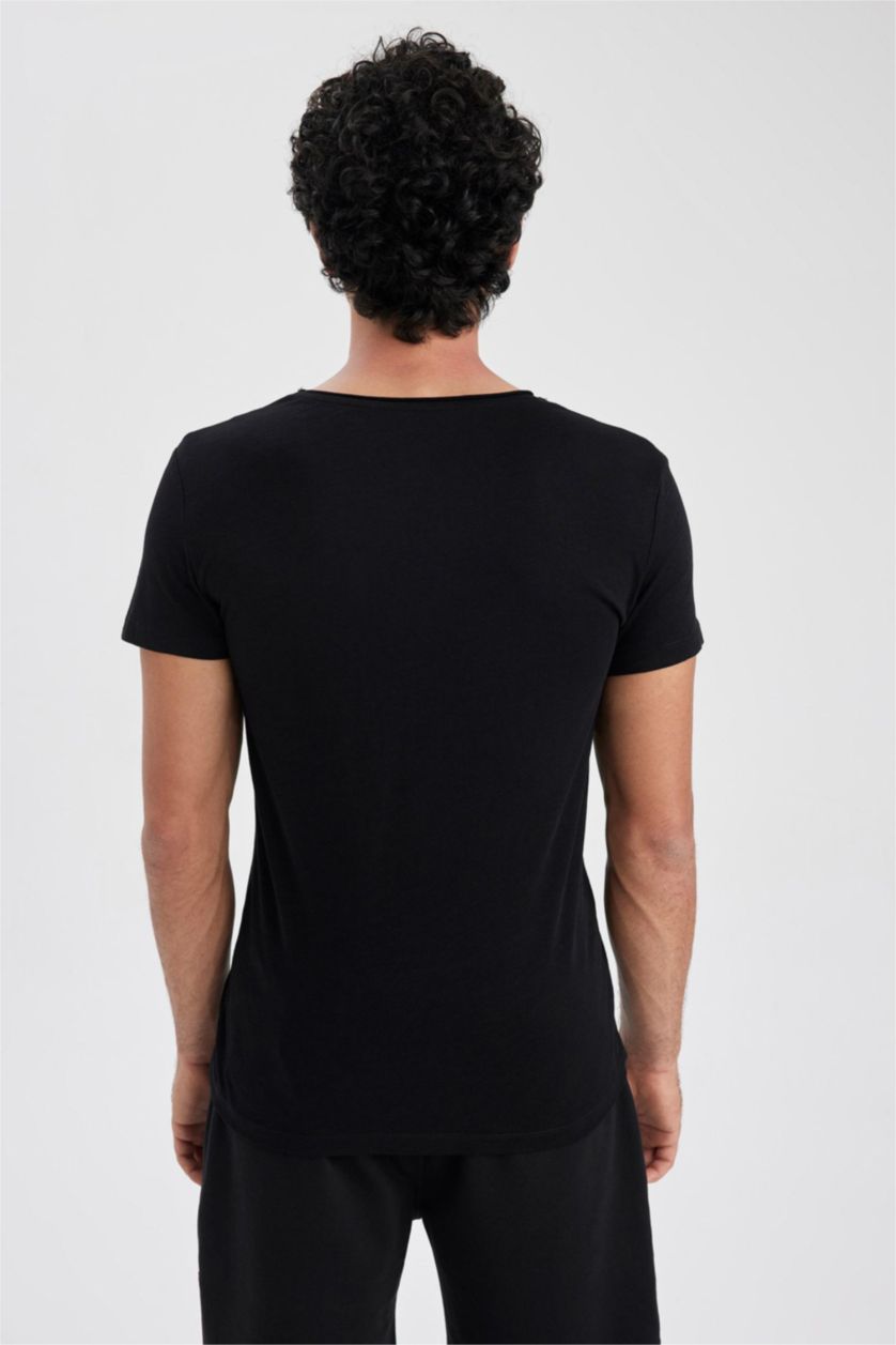 رجال أسود تيشيرت سادة قطن سليم فيت بياخة V