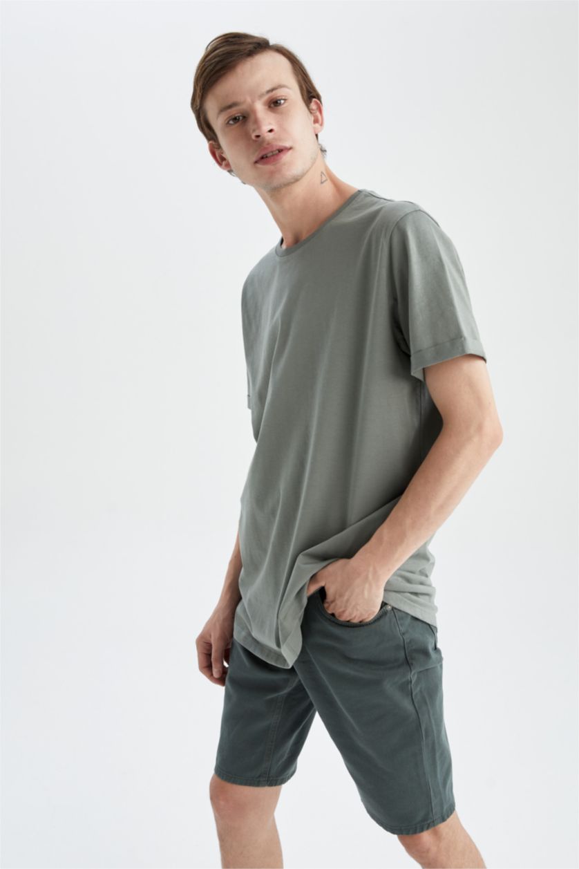 Erkek Haki Long  Fıt Kısa Kollu Tişört
