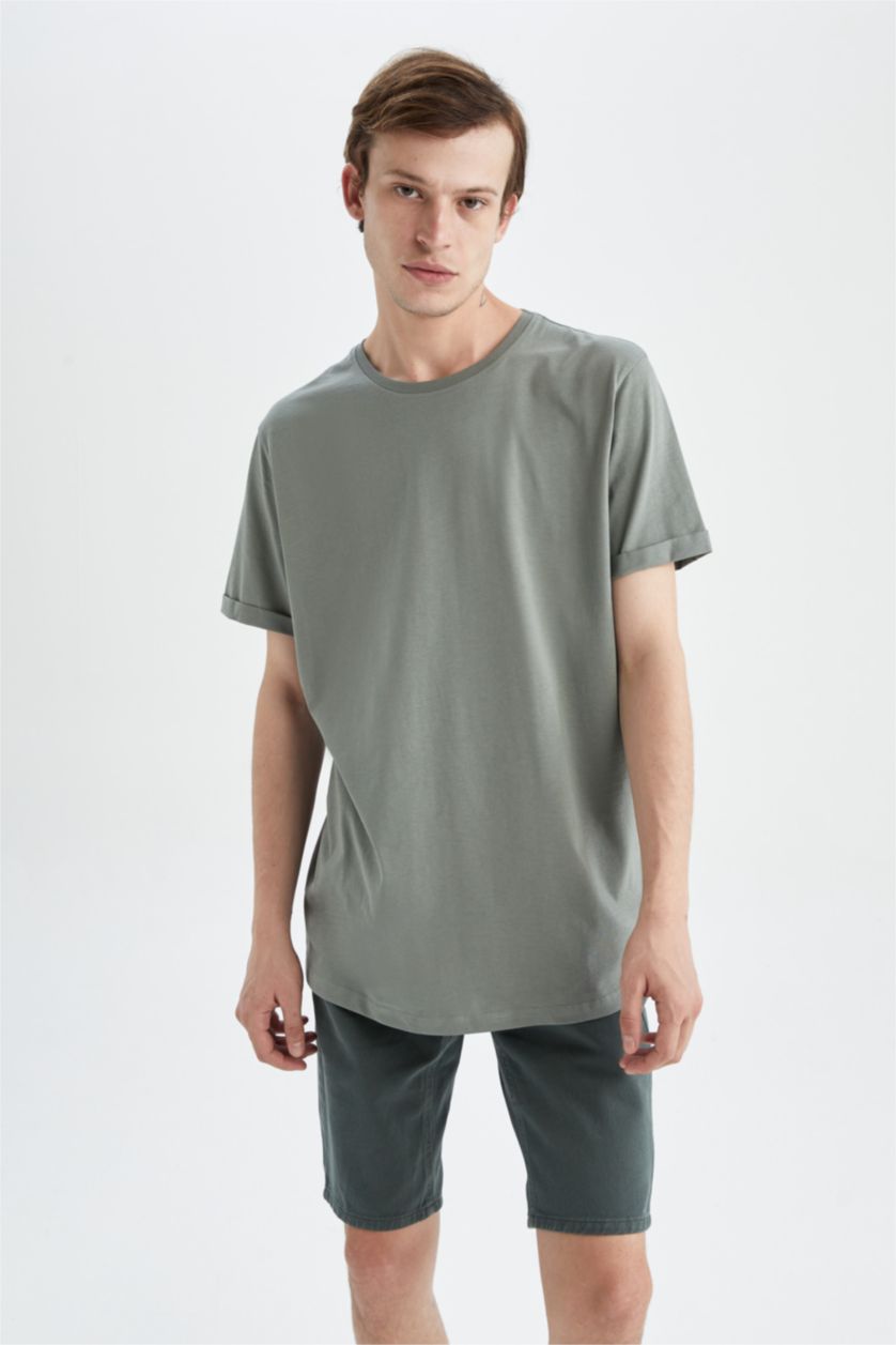 Erkek Haki Long  Fıt Kısa Kollu Tişört