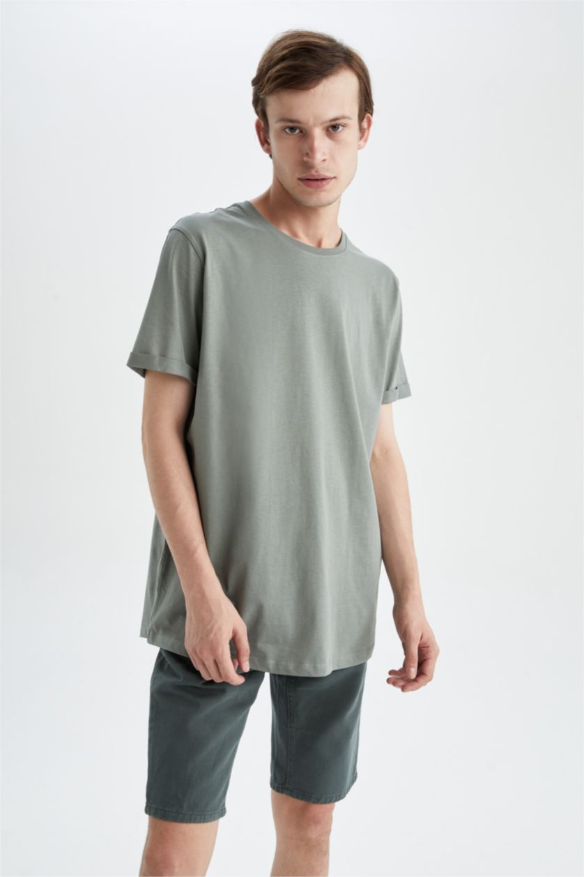 Erkek Haki Long  Fıt Kısa Kollu Tişört